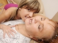 Horny young teenie and kinky grandma suck each other's pussies